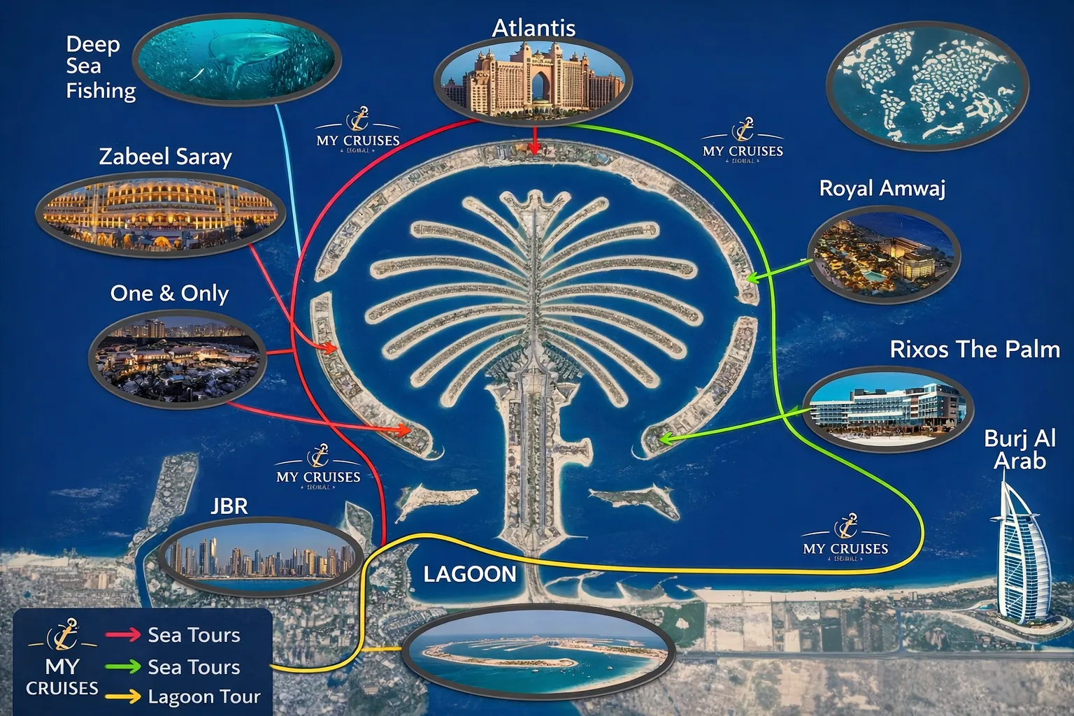 Dubai cruise routes — Marina, Palm Jumeirah, Burj Al Arab and Atlantis