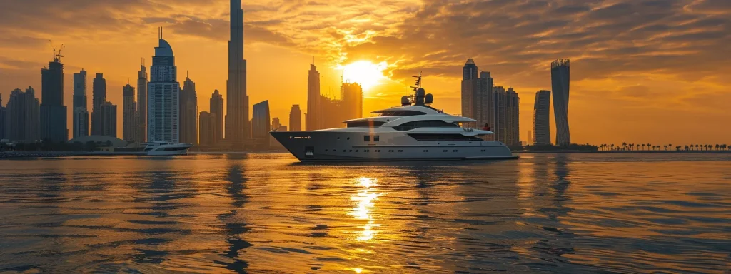 a luxurious yacht glides effortlessly across the sparkling azure waters of dubai, framed by the stunning skyline and golden hues of a vibrant sunset, symbolizing the elegance and freedom of high-end maritime adventures.