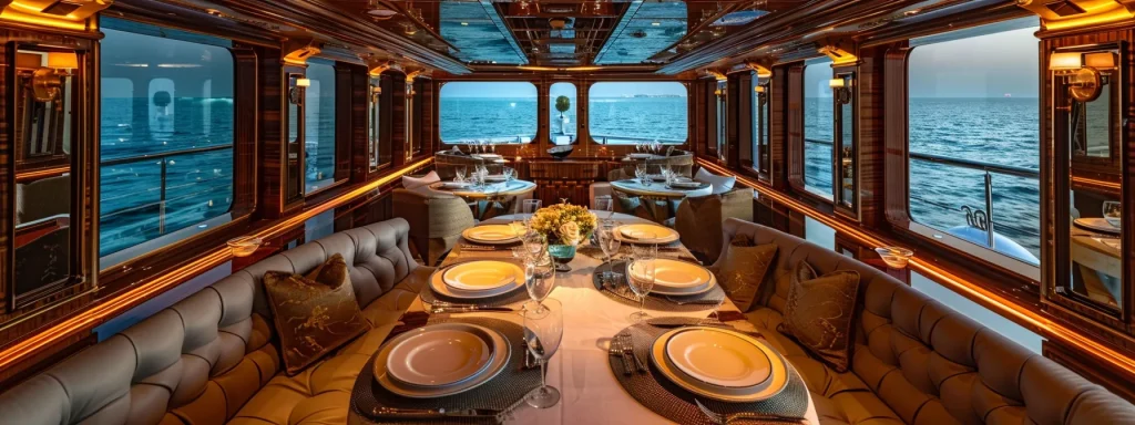 a luxurious yacht glides through the sparkling turquoise waters of dubai, elegantly set with gourmet dining and chic decor, capturing the essence of a lavish, unforgettable ocean adventure.
