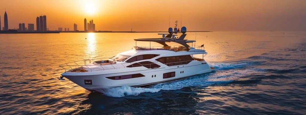 a luxurious yacht glides through the crystal-clear waters of dubai, framed by the iconic skyline and the golden hues of a breathtaking sunset.