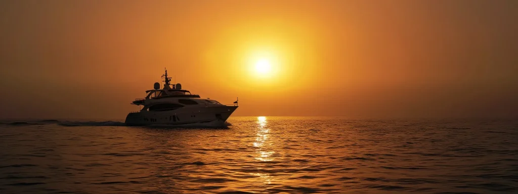 a luxurious yacht gliding across the shimmering azure waters of dubai, framed by the iconic skyline and a radiant sunset, capturing the essence of indulgence and adventure on the arabian gulf.