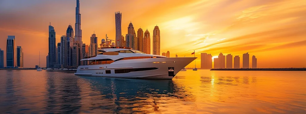 a luxurious yacht gracefully glides through the shimmering waters of dubai's coastline at sunset, showcasing its elegant design and sumptuous amenities against a backdrop of iconic skyscrapers.